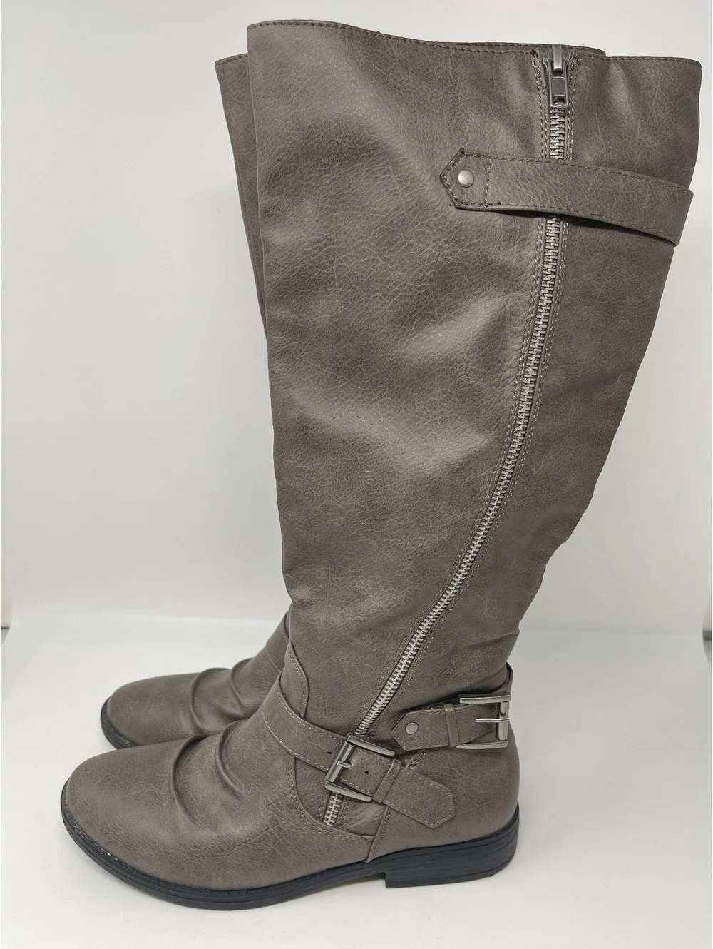 Women's Knee High Riding Boots Grey Faux Leather Buckle Slouch Flat Zip Size